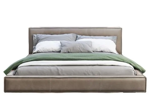 Loft brown leather platform bed with bed linen and blanket. 3d render Stock Illustration