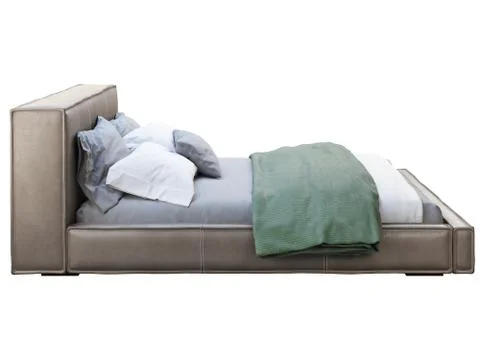 Loft brown leather platform bed with bed linen and blanket. 3d render Stock Illustration