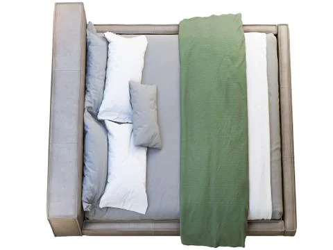 Loft brown leather platform bed with bed linen and blanket. 3d render Stock Illustration