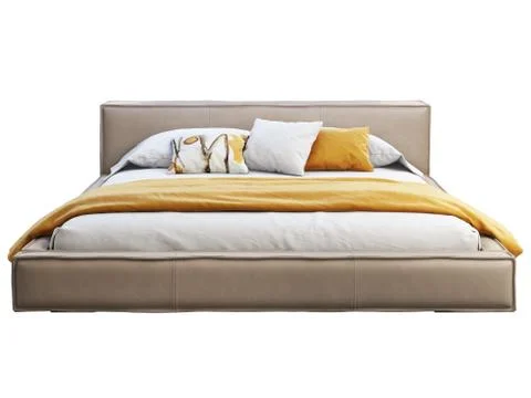 Loft brown leather platform bed with bed linen and blanket. 3d render Stock Illustration