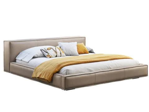 Loft brown leather platform bed with bed linen and blanket. 3d render Stock Illustration