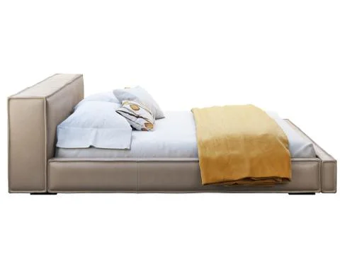 Loft brown leather platform bed with bed linen and blanket. 3d render Stock Illustration