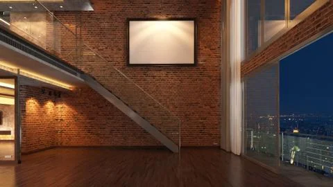 Loft Empty Room, 3d render interior design, mock up illustration Illustrazione stock