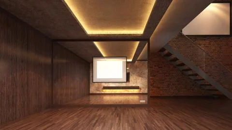 Loft Empty Room, 3d render interior design, mock up illustration Illustrazione stock