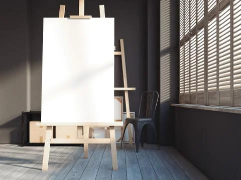 Loft interior with easel. 3d rendering Illustrazione stock