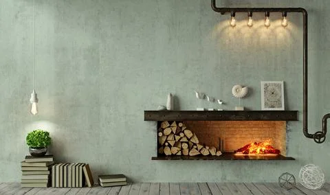 Loft interior fireplace and decor on old wall Stock Illustration