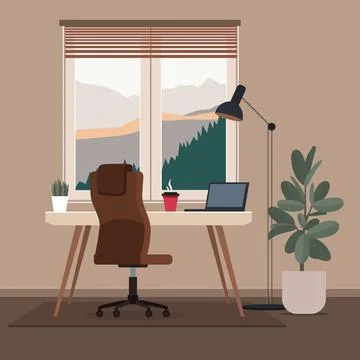 Loft interior of home office. Table with laptop and hot coffee. Work space with 스톡 일러스트