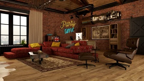 Loft interior, vintage style, Living room interior design with brick walls. Stock Footage