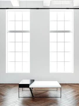 Loft interior with windows and empty table. 3d rendering Stock Illustration