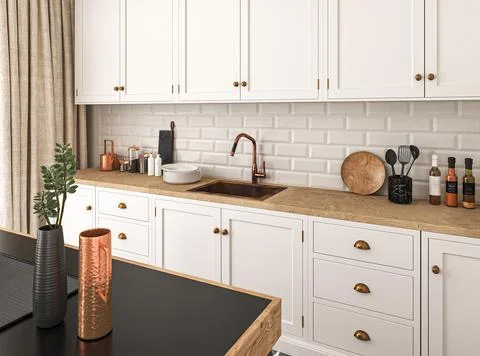 Loft kitchen interior with white tile. White color furniture. Modern countertops Stock Illustration