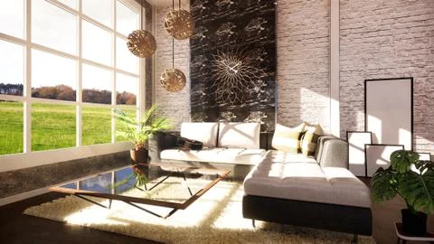 Loft modern interior designed as a open plan modern apartment. 3D rendering Stock Illustration