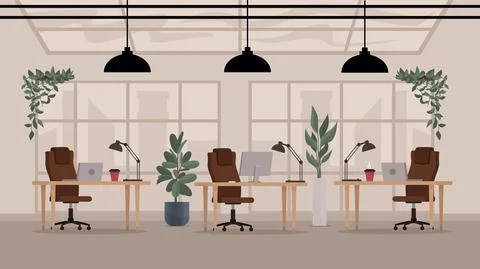 Loft modern open space office interior. Flat vector workplace. Illustrazione stock