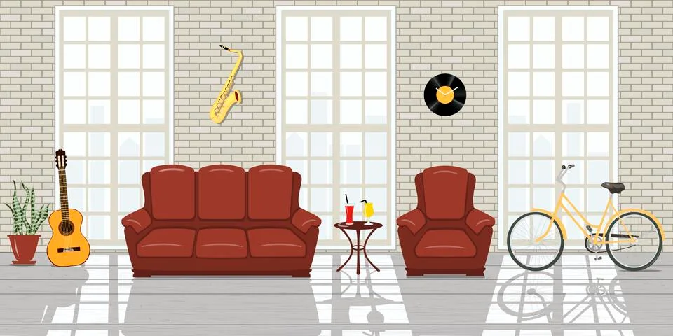Loft studio Interior. Big windows, white brick wall room of musician loft style Stock Illustration
