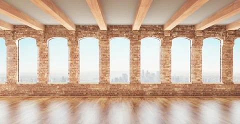 Loft studio Interior in old house. Big windows, brick red wall. 3d rendering. Illustration