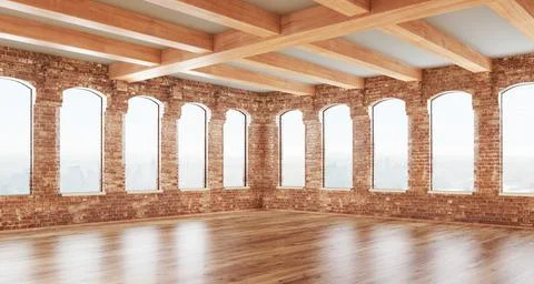 Loft studio Interior in old house. Big windows, brick red wall. 3d rendering. Illustrazione stock