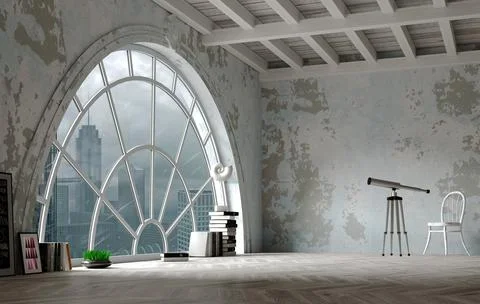 Loft style attic interior huge arched window Stock Illustration