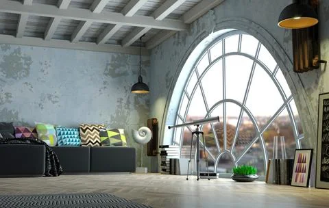 Loft style attic interior huge arched window Stock Photos