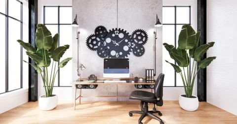 The Loft style Bedroom interior ,Computer, office tool on desk, sofa. 3D rend Fotos Stock