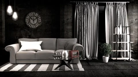 Loft style in dark room interior design. 3D rendering Stock Illustration
