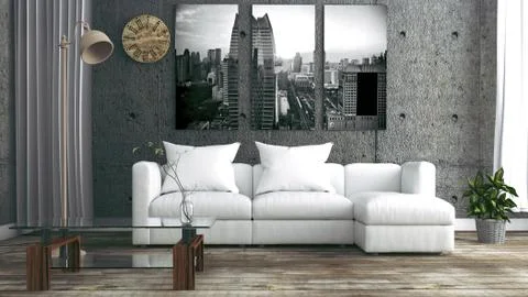 Loft Style Interior Design. 3D Rendering Illustrazione stock