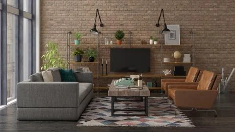 Loft style interior design 3D rendering Stock Illustration