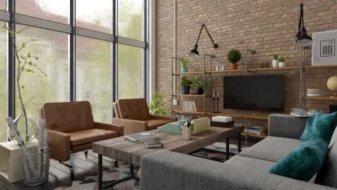 Loft style interior design 3D rendering Stock Illustration
