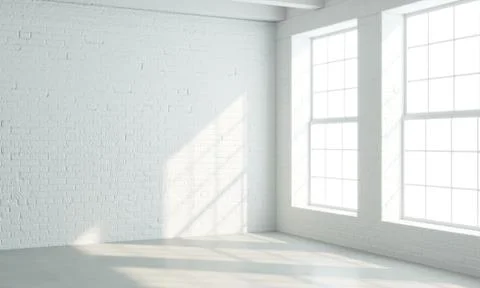 Loft style interior with white windows Stock Photos
