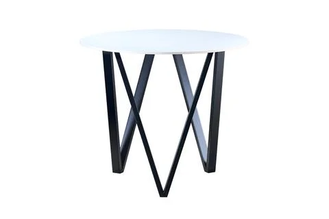 Loft-style kitchen table with round light stoneware countertop and black squared Stock Photos