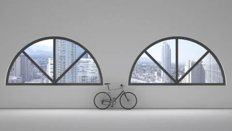 Loft with two round arch windows and bicycle leaning on the wall, 3D Rendering Ilustración de archivo