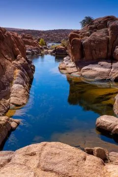 Lofty Perspective, Granite Dells, Still Waters, Rock Cliffs Stock Photos