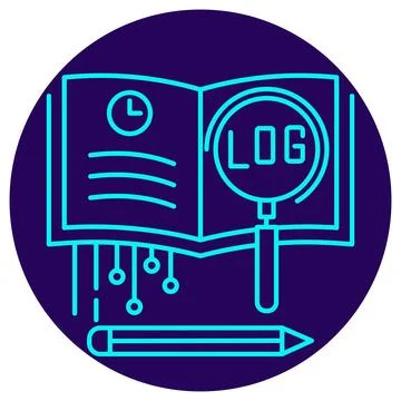 Log Analysis Icon. Minimalistic neon outline on a dark blue round background Illustrazione stock