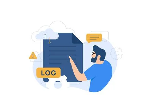 Log analysis specialist examines cloud-stored system logs. Warning alerts Stock Illustration