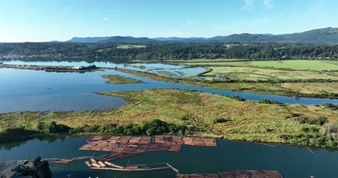Log boom approach and overhead in estuary Pt 1 of 2 - 5K Video stock 226715571