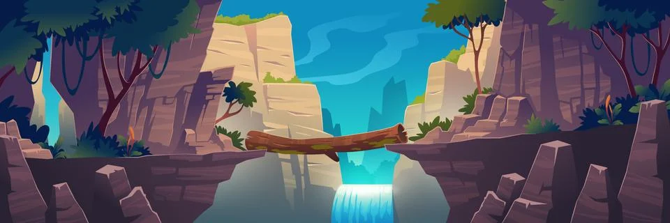 Log bridge between mountains above cliff in rocks Illustrazione stock