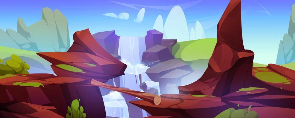 Log bridge over mountain waterfall Stock-Illustration
