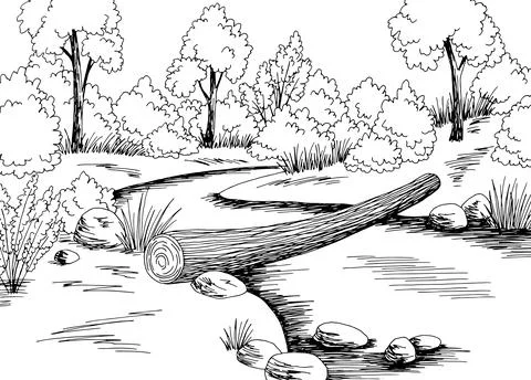 Log bridge over the river forest landscape sketch illustration vector Illustrazione stock