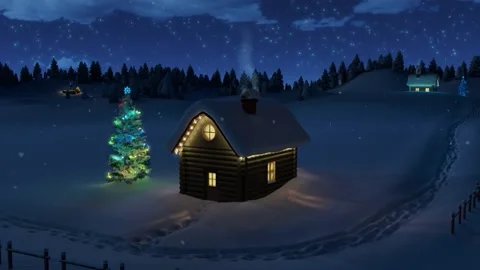 Log cabin and christmas tree at night falling snow 動画素材 212570964