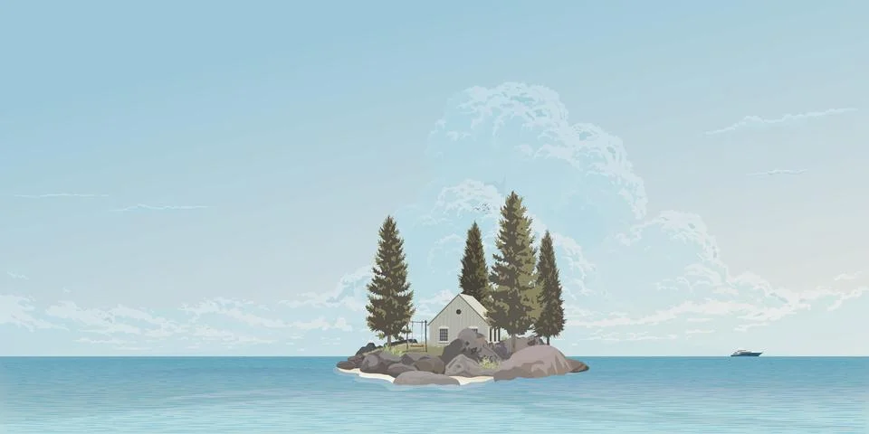Log cabin and pine trees on small rocky island loacted in tropical blue sea.. Stock Illustration
