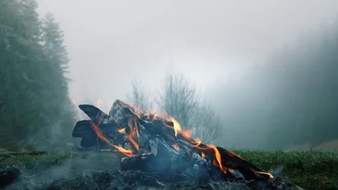 Log cabin campfire collapsing while burning in misty forest valley Stock Footage 328983860