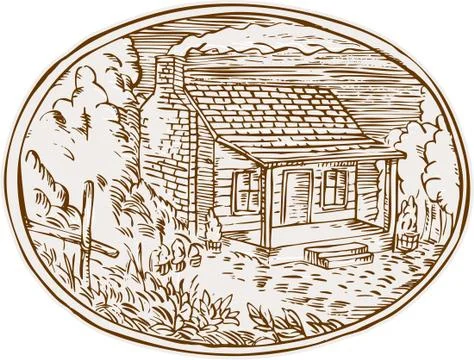 Log Cabin Farm House Oval Etching Stock Illustration