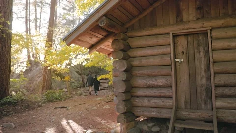Log cabin in a forest in the fall with happy couple walking, autumn leaves, fall Stock Footage 220598614