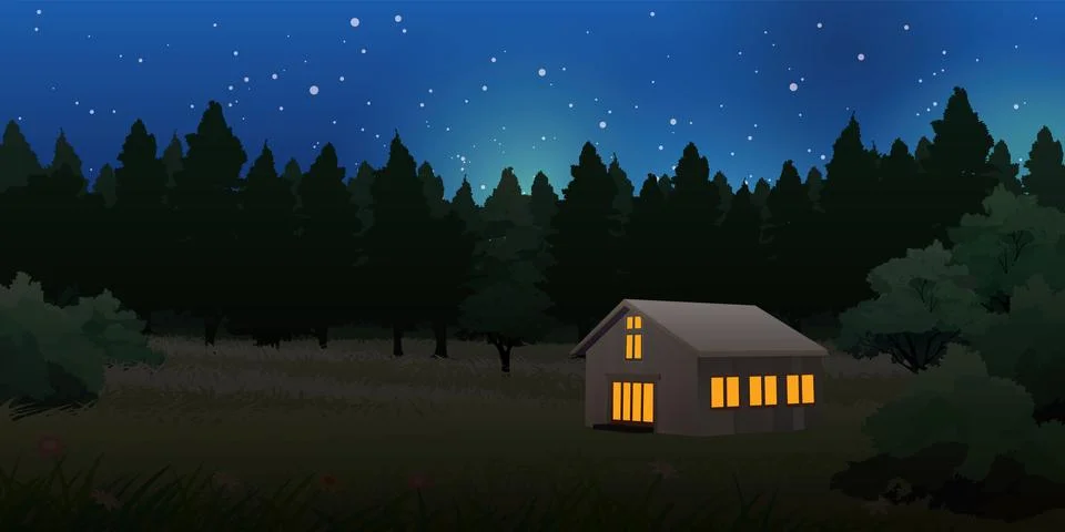 Log cabin in the forest at night vector illustration. Stock Illustration