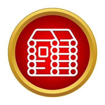 Log cabin outline icon in red gold circle Stock Illustration