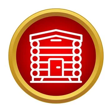 Log cabin outline icon in red gold circle Stock Illustration