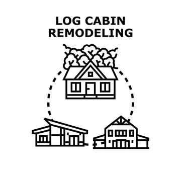 Log cabin remodeling transforming old house construction Stock Illustration