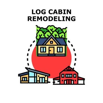 Log cabin remodeling transforming old house construction Stock Illustration