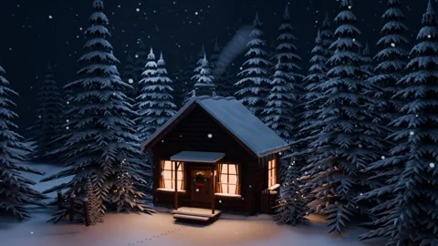 Log cabin in a snowy winter forest at night Stock Footage 345396193