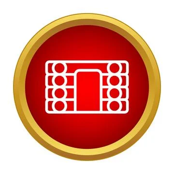 Log cabin structure with a door opening inside a red circle icon Stock Illustration