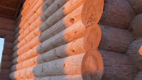 Log cabin wall detail at sunset Stock Footage 310012982