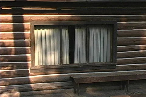 Log Cabin Window Morning Exterior Stock Footage